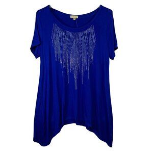 Lavish Womens Blue Top With Rhinestone Design Size 2X Sharkbite hem